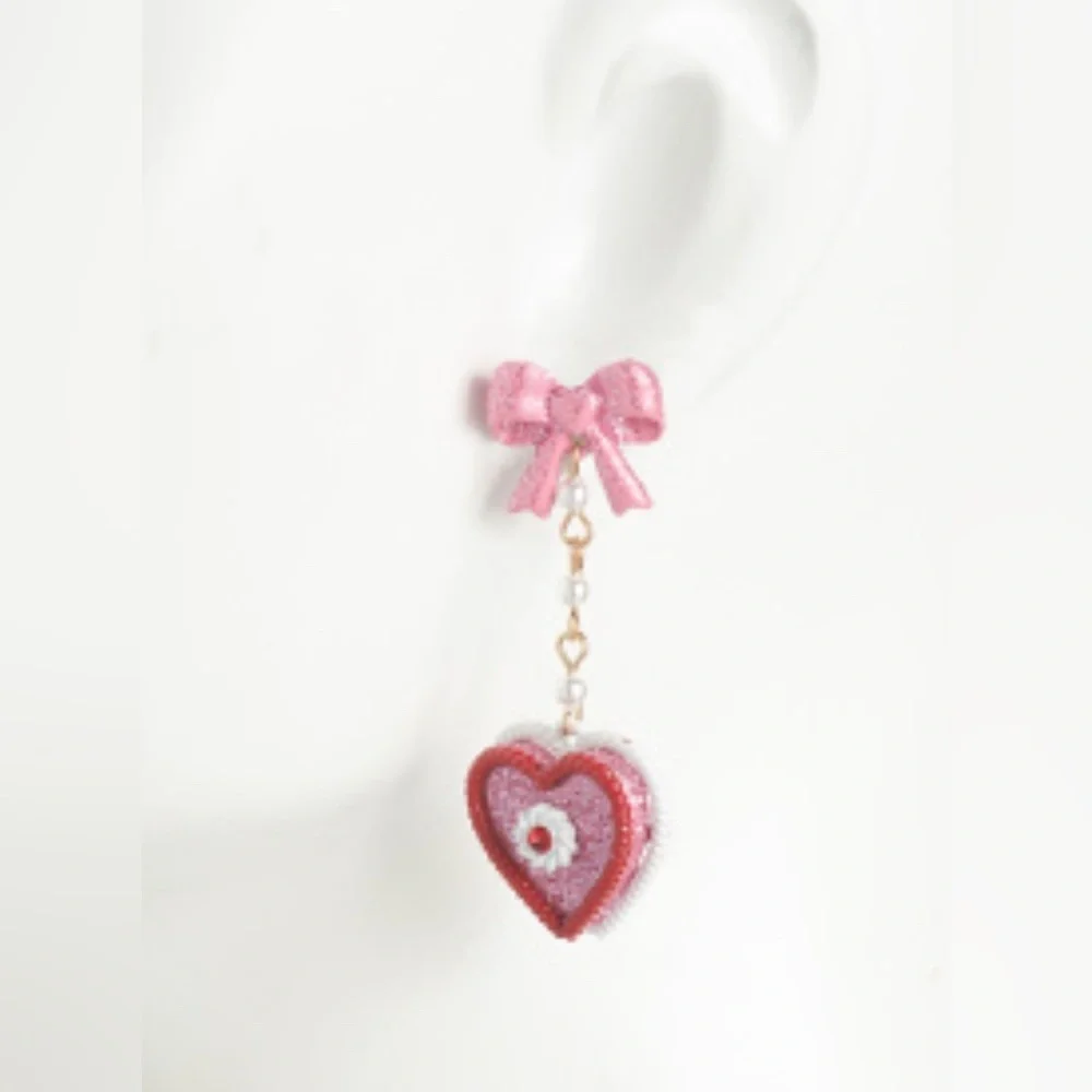 Betsey Johnson Pink valentine Heart Earrings with Glitter Bows